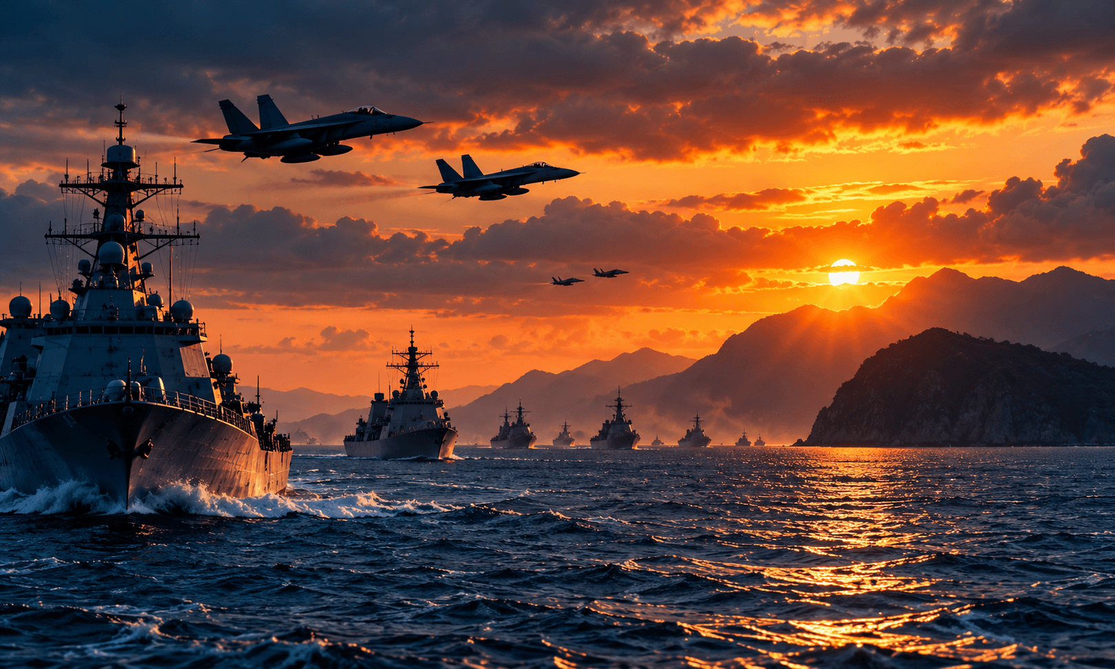 Illustration: naval warships at sea with fighter jets overhead, near a mountainous coastline.