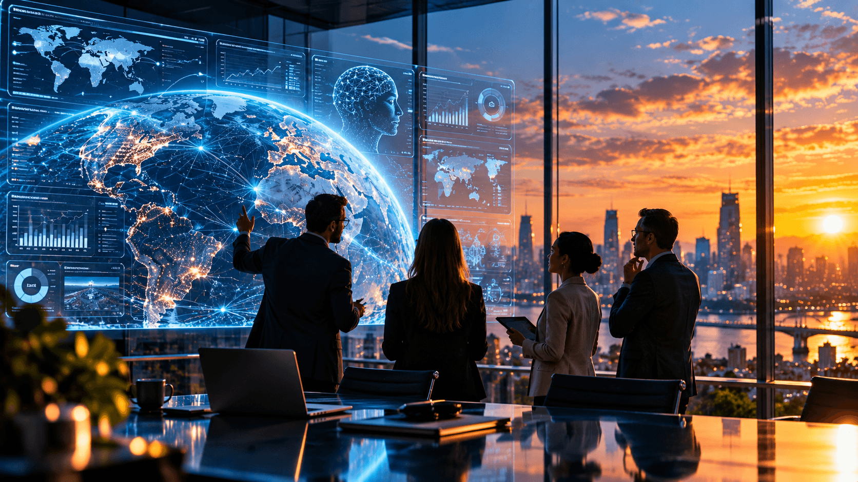 Illustration: four people in a high-rise meeting room studying a large digital display of a networked globe and data panels, with a city at sunset beyond the windows.