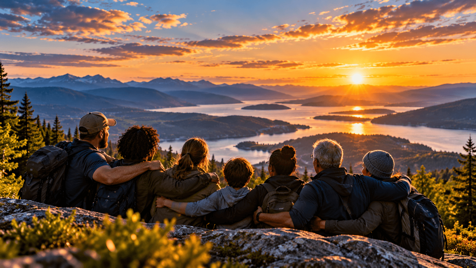 Illustration: a group of people of different ages sitting arm in arm on a rocky hilltop, watching the sun rise over a lake and mountains.