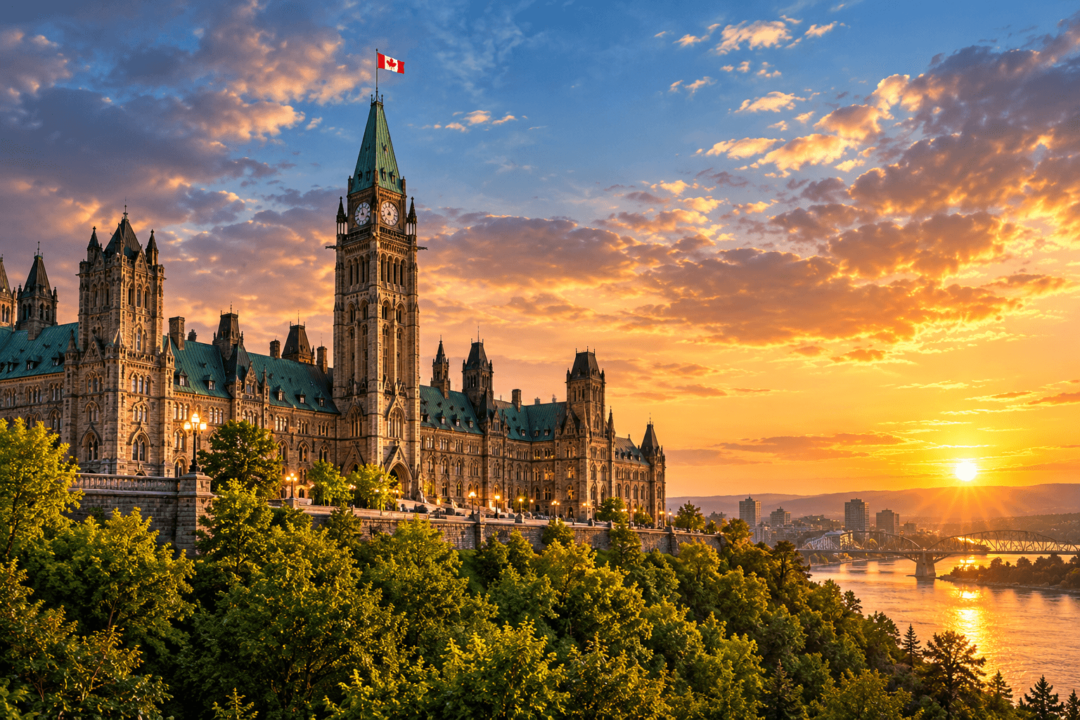 Illustration: a Gothic Revival parliament building with a central clock tower above a wooded riverbank at sunset.