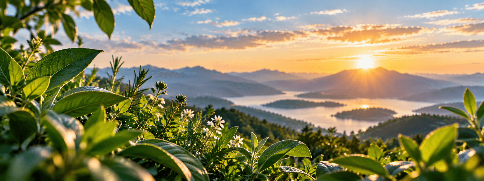 Illustration: sunlit green leaves and small white flowers in the foreground of a hillside view over a lake and mountains at sunrise.