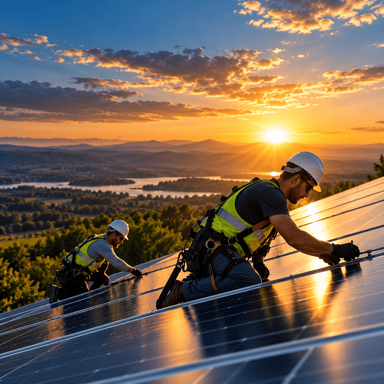 Illustration: workers installing solar panels at golden hour.