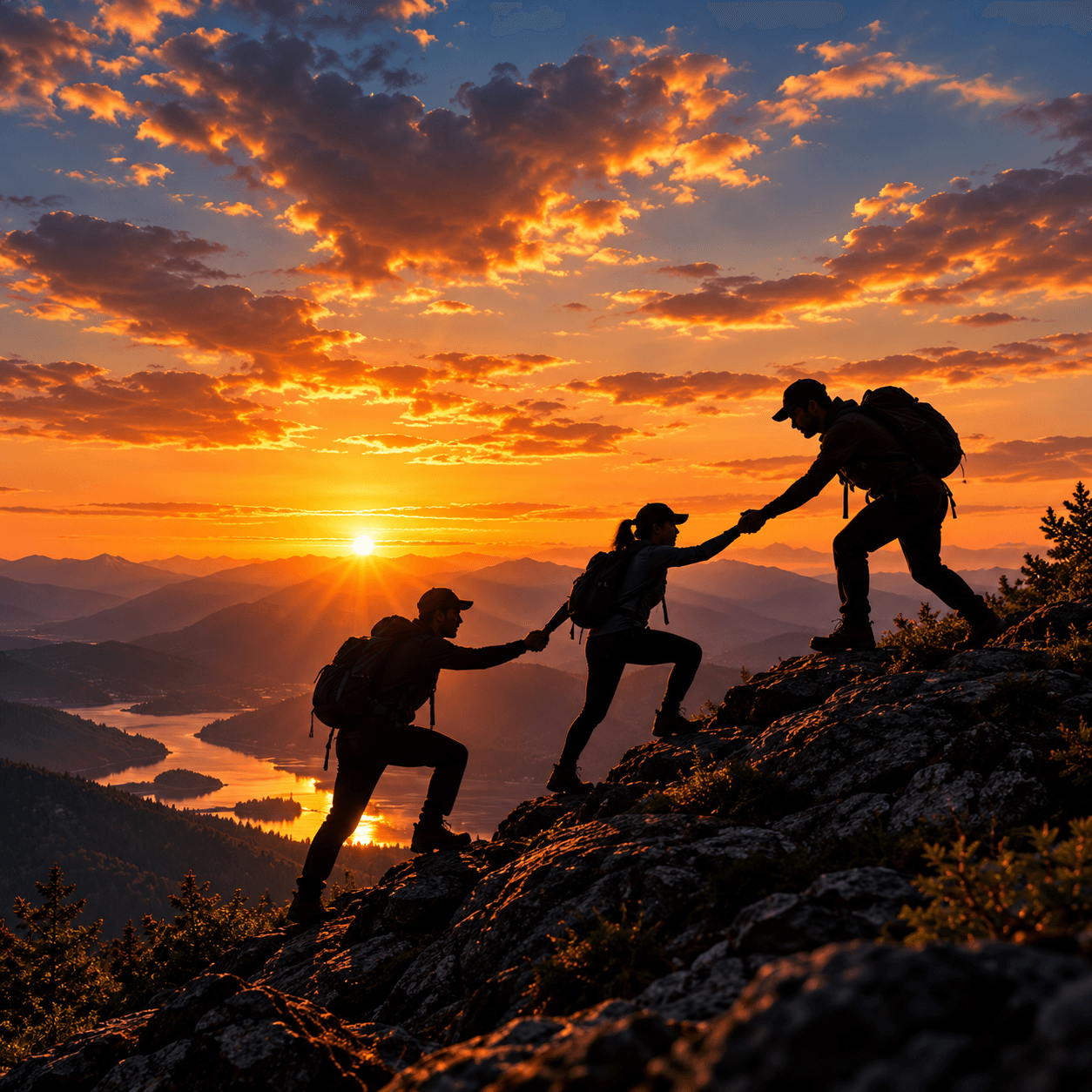 Illustration: hikers helping one another up a ridge at sunset.